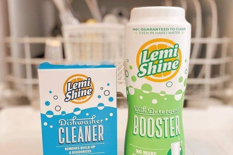 Lemi Shine products in front of opened dishwasher.