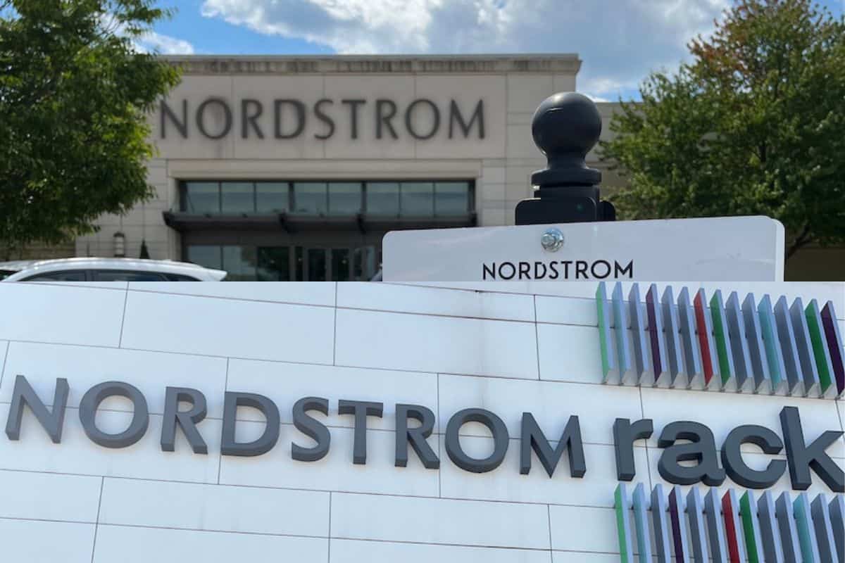 Collage of store fronts of Nordstrom department store and Nordstrom Rack.