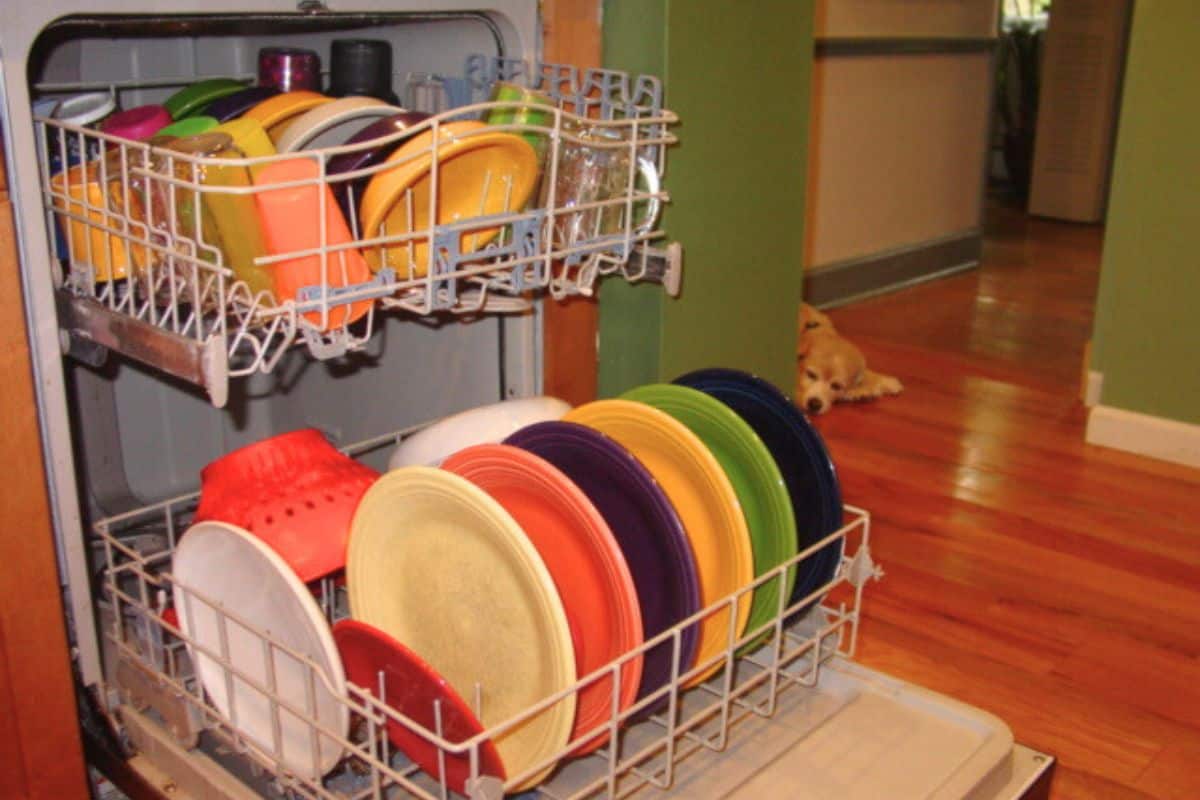 Clean fiestaware dishes in the dishwasher.