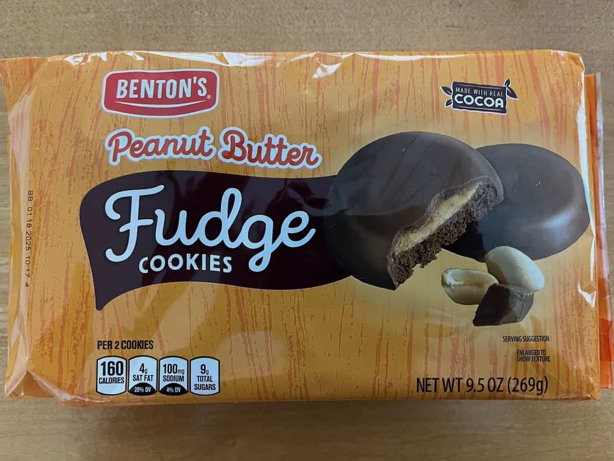 A pack of generic peanut butter fudge cookies on a wooden table.