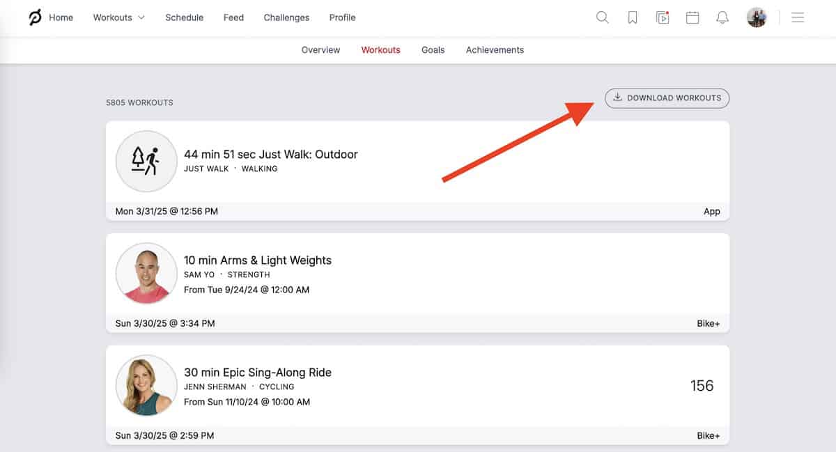 A screenshot showing where you can download your Peloton workouts.